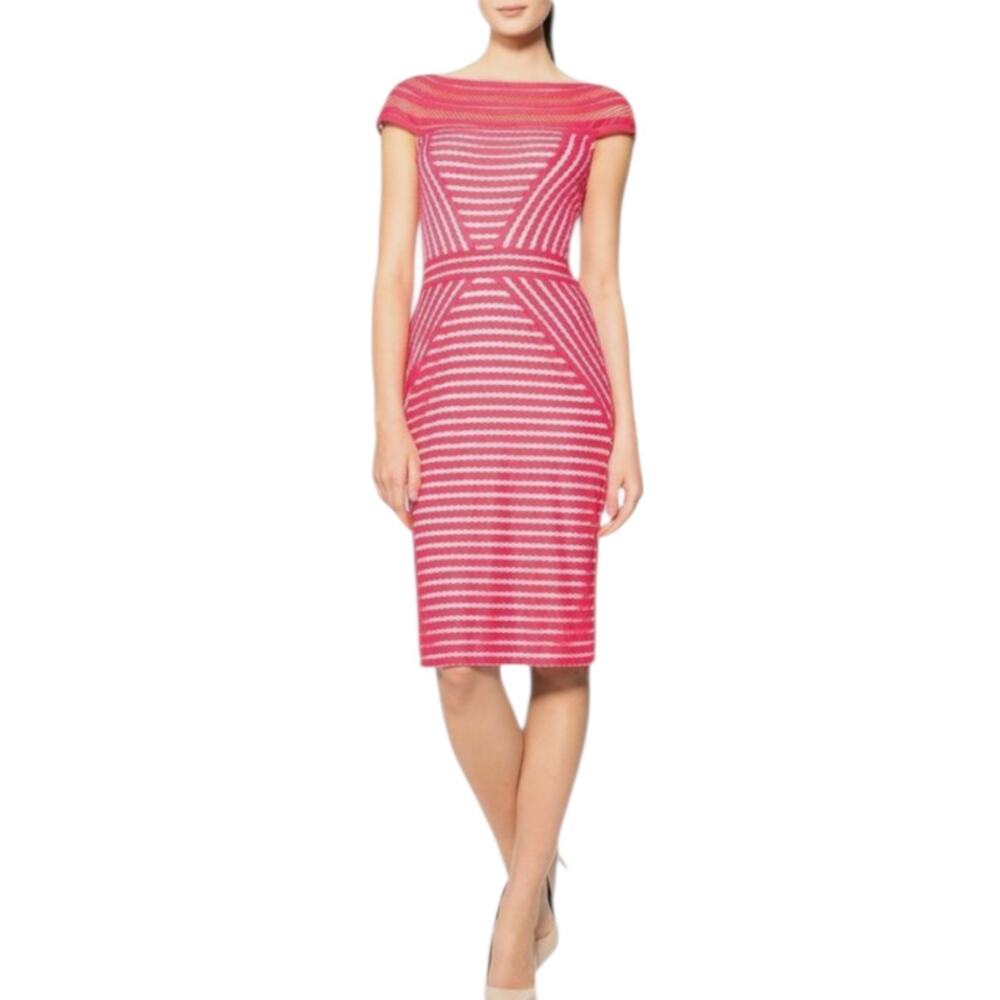 Tadashi Shoji Stripe Knit Cap Sleeve Dress in Rouge Pink Cocktail Formal Large